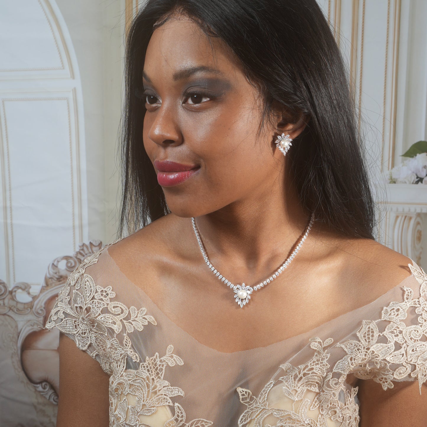 Pearl Crystal Necklace Set Pearl Wedding Jewelry Set Pearl Necklace Set Silver Wedding Jewelry Pearl MOB MOG Wedding Jewelry Set