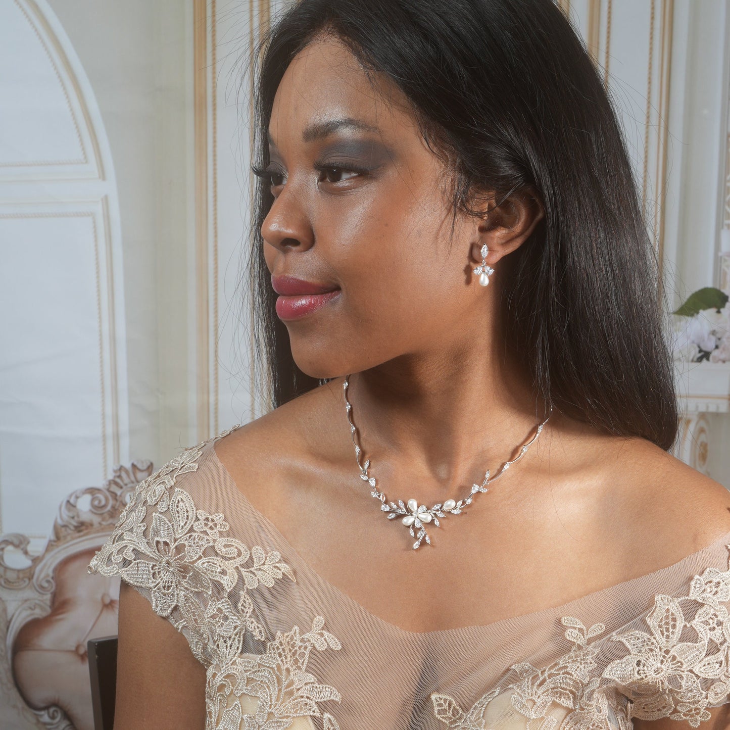 Bridal Necklace Set Pearl Wedding Jewelry Set Pearl Necklace Earrings Set Silver Wedding Jewelry Crystal Wedding Jewelry Set