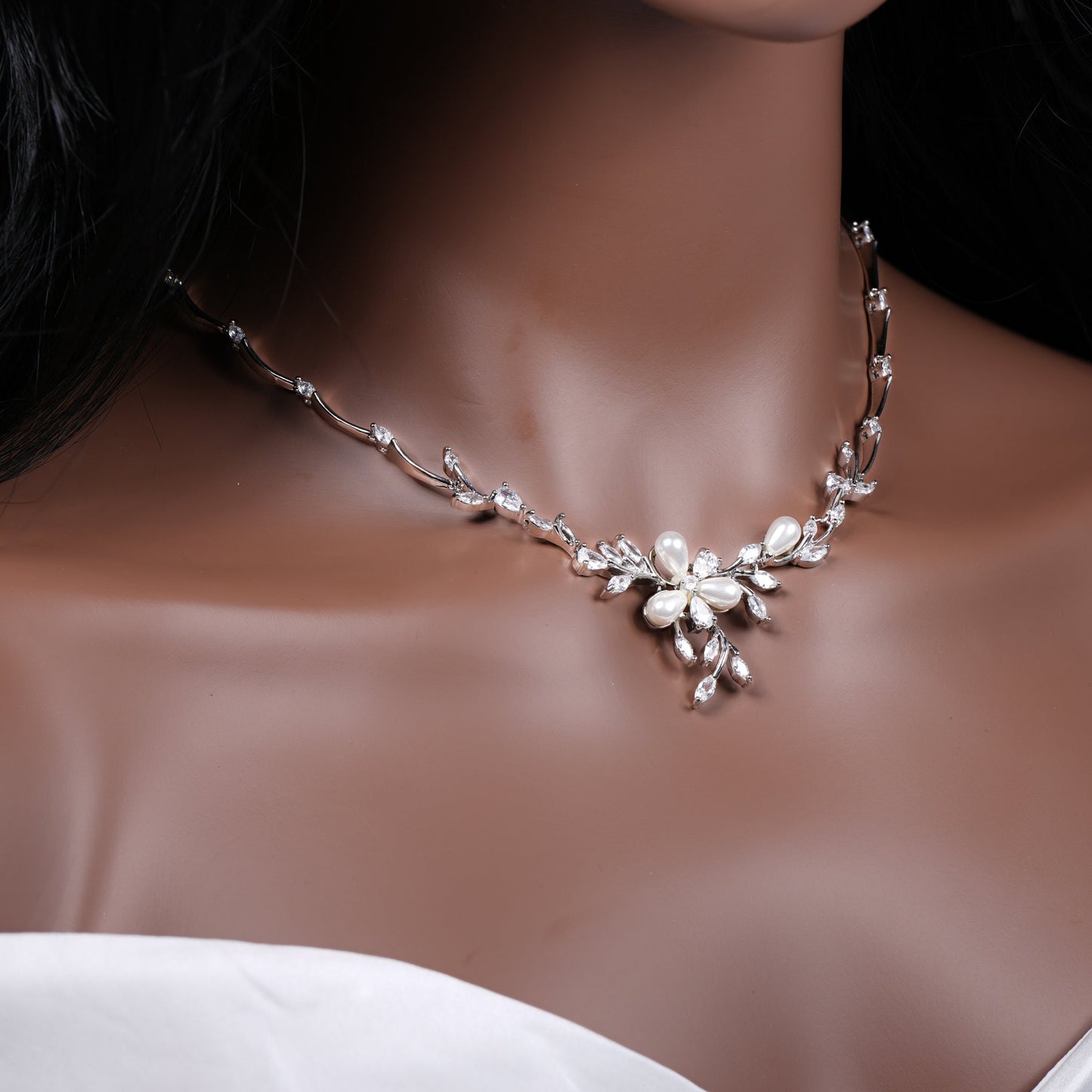 Bridal Necklace Set Pearl Wedding Jewelry Set Pearl Necklace Earrings Set Silver Wedding Jewelry Crystal Wedding Jewelry Set
