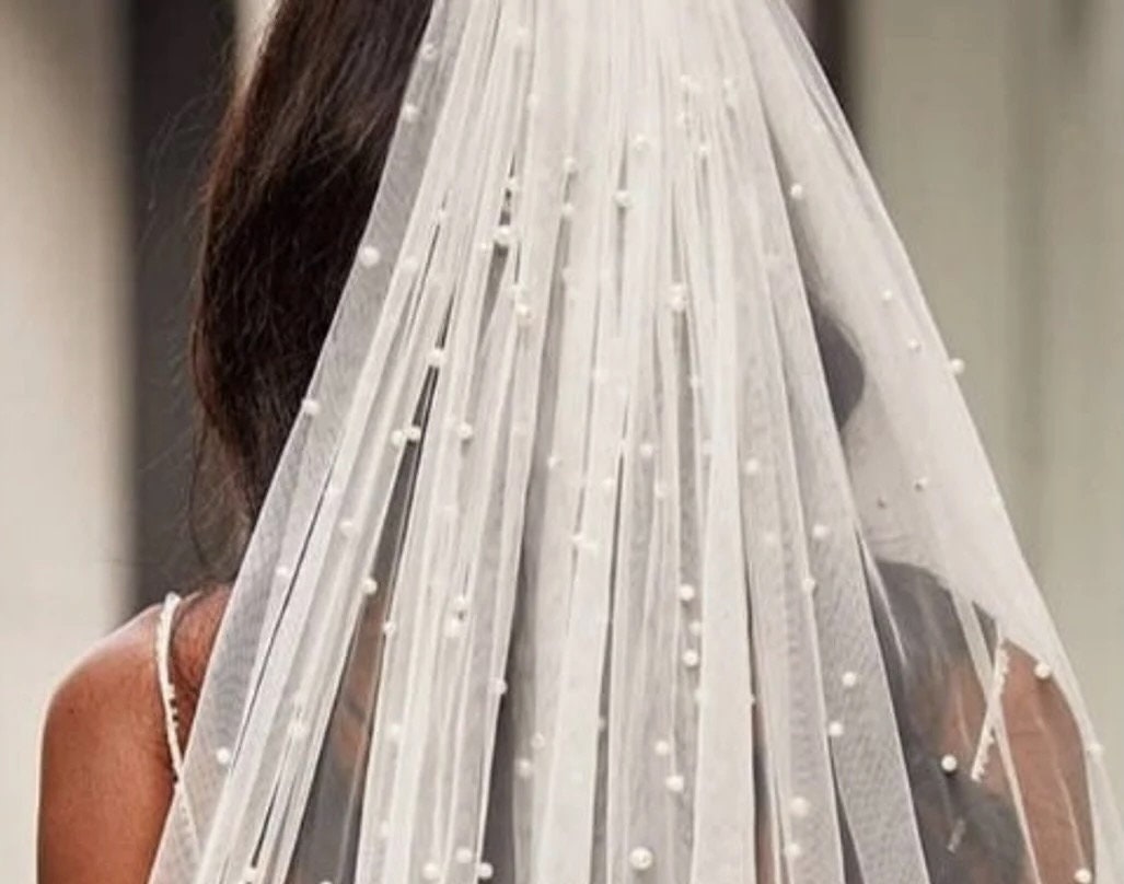 Pearl Veil Fingertip Bridal Veil Floor Wedding Veil Pearl Veil Tulle Elbow Veil Fingertip Pearl Veil