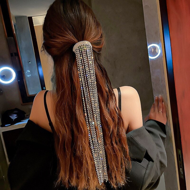 Crystal Tassel Hair Clip Rhinestone Tassel Ponytail Holder Silver Sparkle Headband Crystal Long Tassel Hair Bling Crystal Head Chain Tiara