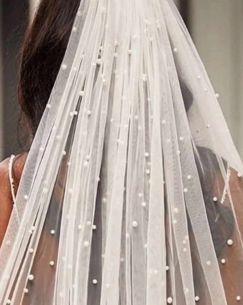 Pearl Veil Fingertip Bridal Veil Floor Wedding Veil Pearl Veil Tulle Elbow Veil Fingertip Pearl Veil