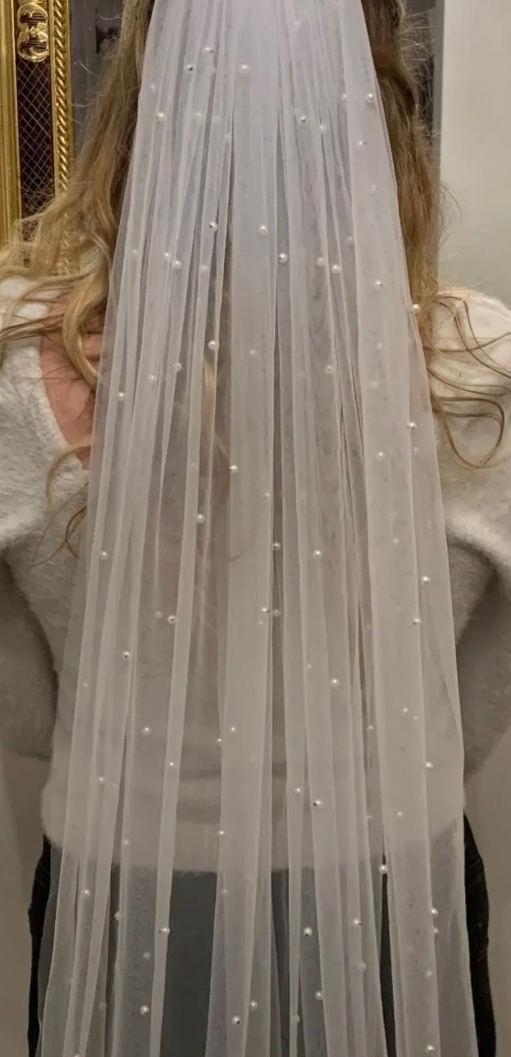 Pearl Veil Fingertip Bridal Veil Floor Wedding Veil Pearl Veil Tulle Elbow Veil Fingertip Pearl Veil