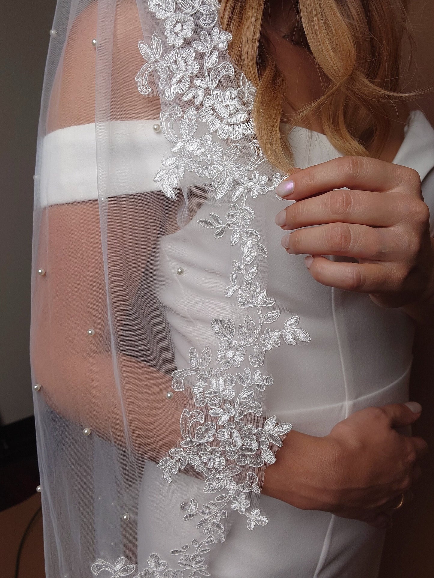 Pearl Veil with Lace Bridal Veil Floor Wedding Veil Pearl Veil Cathedral Veil White Fingertip Pearl Veil