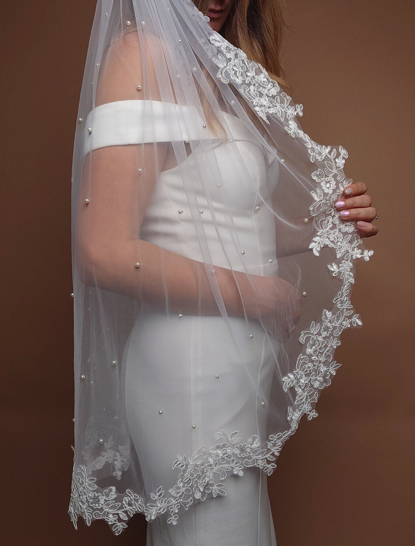 Pearl Veil with Lace Bridal Veil Floor Wedding Veil Pearl Veil Cathedral Veil White Fingertip Pearl Veil