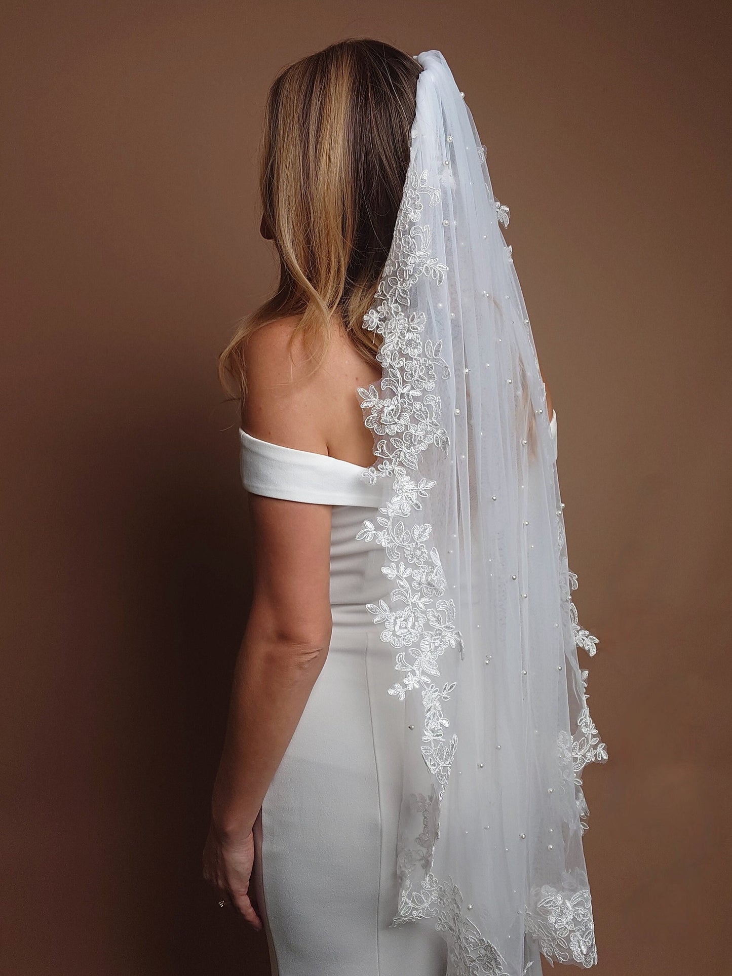 Pearl Veil with Lace Bridal Veil Floor Wedding Veil Pearl Veil Cathedral Veil White Fingertip Pearl Veil