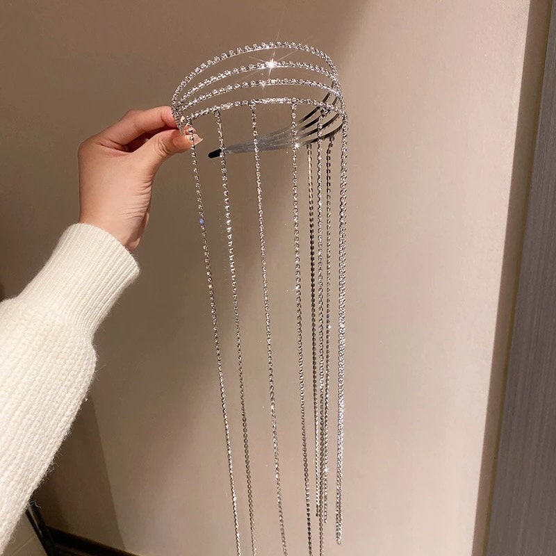 Crystal Tassel Headband Rhinestone Tassel Ponytail Holder Silver Sparkle Headband Crystal Long Tassel Hair Bling Crystal Head Chain Tiara