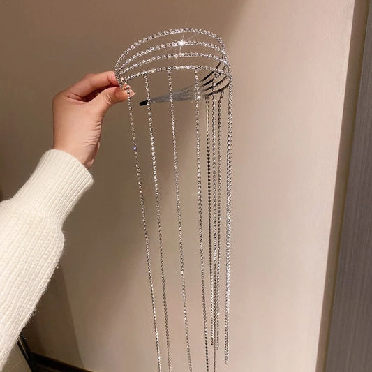Crystal Tassel Headband Silver Sparkle Headband Crystal Long Tassel Hair Bling Crystal Head Chain Tiara