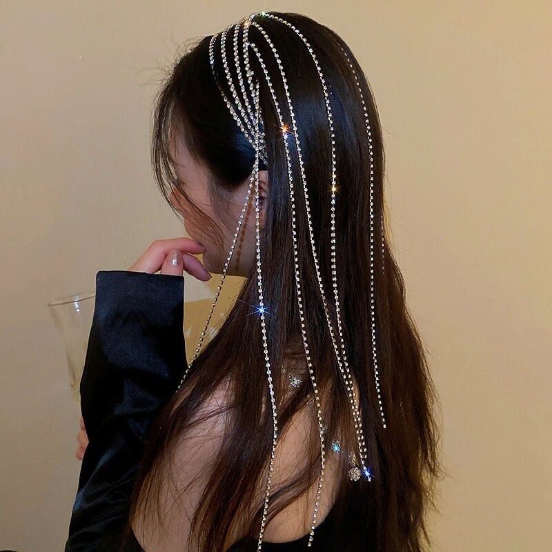 Crystal Tassel Headband Rhinestone Tassel Ponytail Holder Silver Sparkle Headband Crystal Long Tassel Hair Bling Crystal Head Chain Tiara