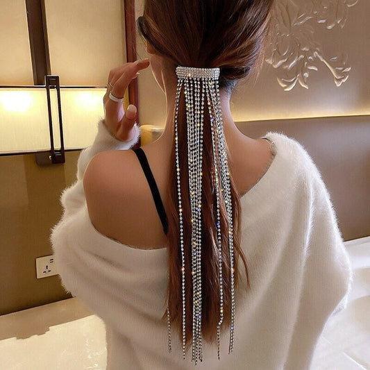 Crystal Tassel Headband Rhinestone Tassel Ponytail Holder Silver Sparkle Headband Crystal Long Tassel Hair Bling Crystal Head Chain Tiara