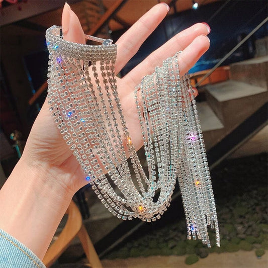 Crystal Tassel Headband Rhinestone Tassel Ponytail Holder Silver Sparkle Headband Crystal Long Tassel Hair Bling Crystal Head Chain Tiara