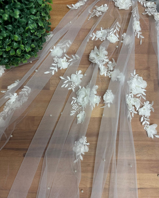 Floral Veil with Pearls Flower Wedding Veil Floor Wedding Veil Pearl Veil Cathedral Veil White Fingertip Pearl Veil