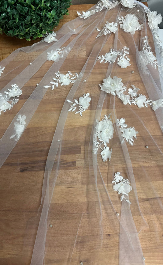 Flower Veil with Pearls Floral Veil Floor Wedding Veil Pearl Veil Cathedral Veil White Fingertip Pearl Veil