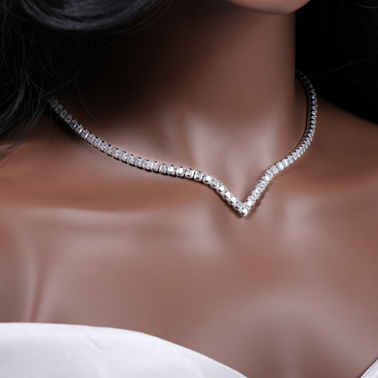 V Shape Crystal Necklace Bridal Necklace Set Crystal Wedding Jewelry Diamond Necklace Silver Wedding Necklace Diamond Wedding Jewelry