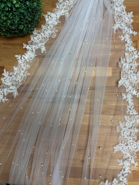 Lace Veil with Pearls Bridal Veil Floor Lace Wedding Veil Pearl Veil Cathedral Veil White Fingertip Pearl Veil