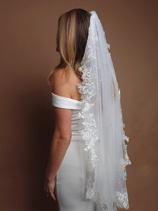 Lace Veil with Pearls Bridal Veil Floor Wedding Veil Pearl Veil Cathedral Veil White Fingertip Pearl Veil