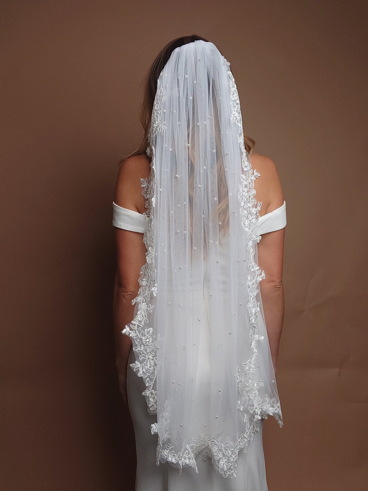 Pearl Veil with Lace Bridal Veil Floor Wedding Veil Pearl Veil Cathedral Veil White Fingertip Pearl Veil