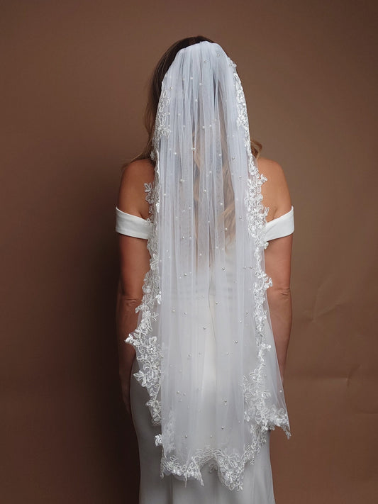 Lace Veil with Pearls Bridal Veil Floor Wedding Veil Pearl Veil Cathedral Veil White Fingertip Pearl Veil